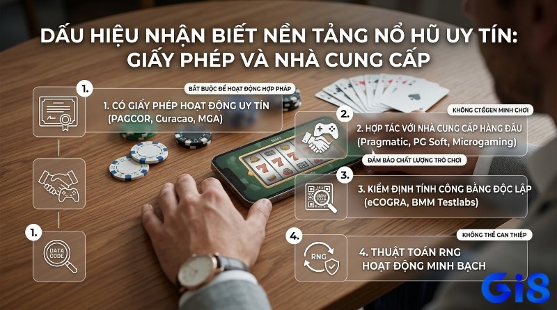 Dấu hiệu nhận biết nền tảng nổ hũ uy tín qua 4 bước: giấy phép (PAGCOR, MGA), nhà cung cấp (Pragmatic, Microgaming), kiểm định độc lập (eCOGRA), và RNG minh bạch
