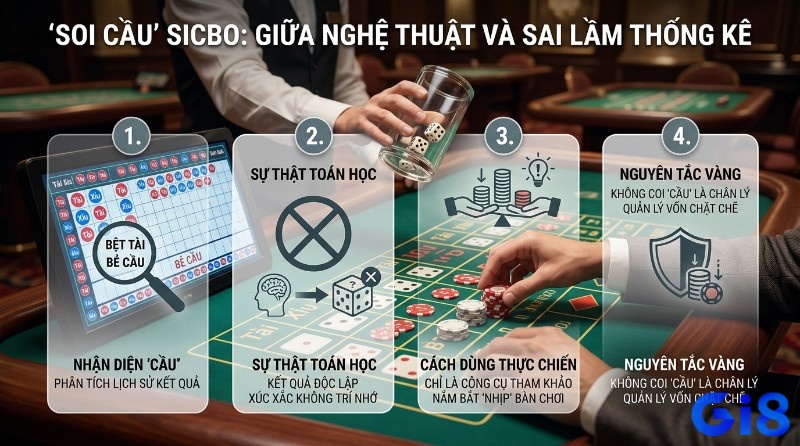 Soi cầu Sicbo chủ yếu là quan sát chuỗi kết quả Tài Xỉu để tìm xu hướng, nhưng cần nhớ mỗi ván vẫn độc lập về xác suất, nên quản lý vốn mới là yếu tố quan trọng hơn trong sicbo trong casino