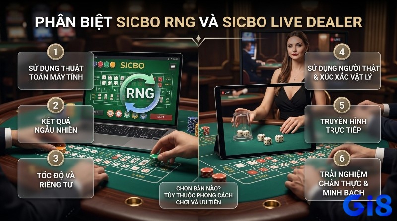 Phân biệt Sicbo là gì RNG (máy tính, ngẫu nhiên, tốc độ) và Sicbo Live Dealer (người thật, xúc xắc, trực tiếp) trên bàn chơi