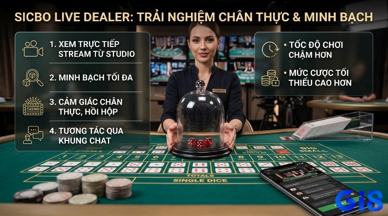Sicbo Live Dealer,: Nữ dealer lắc 3 xúc xắc đỏ, trong lồng kính trên bàn xanh, trực tiếp, minh bạch, tương tác, chậm, cược cao