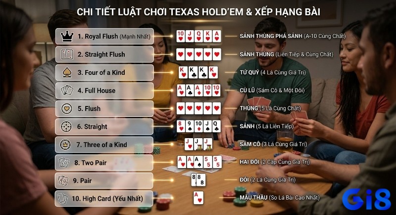 Bảng xếp hạng tay bài chi tiết, trong luật chơi Texas Hold’em, từ Mậu thầu cho đến Sảnh thùng phá sảnh