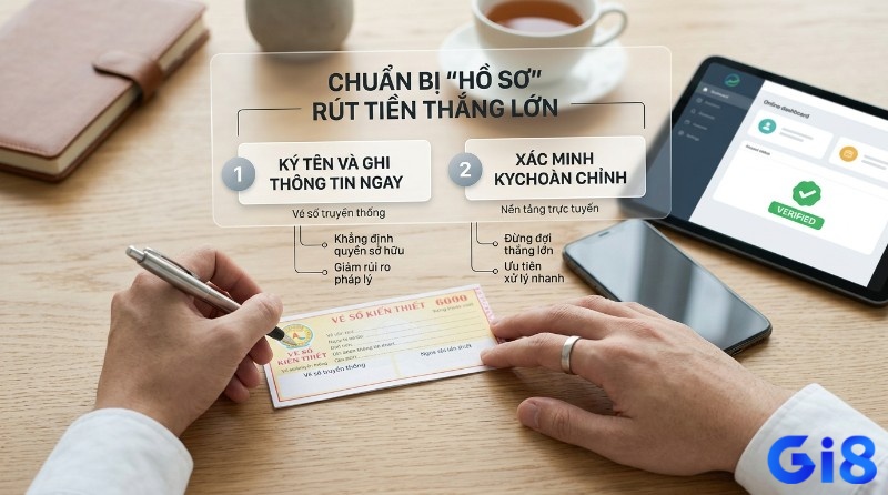 Chuẩn bị hồ sơ rút tiền: ký tên, ghi thông tin cá nhân vào vé số truyền thống, và xác minh KYC tài khoản trực tuyến để xử lý nhanh