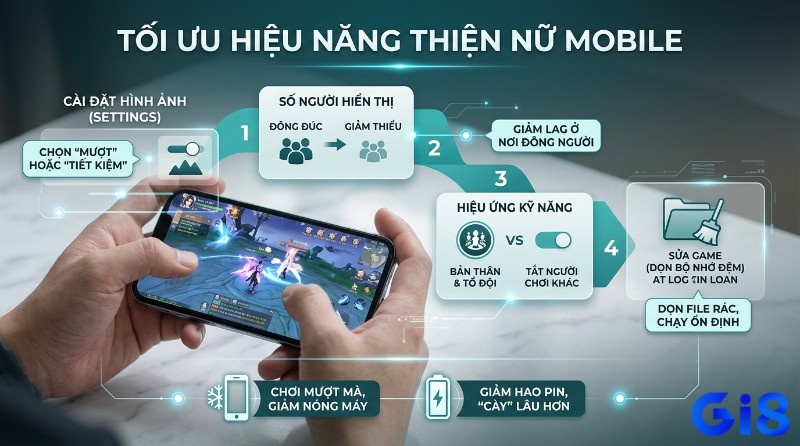 Tối ưu hiệu năng Thiện Nữ Mobile bằng cách cài đặt hình ảnh mượt, giảm số người hiển thị, tắt hiệu ứng người chơi khác, dọn dẹp bộ nhớ đệm để chơi mượt, giảm nóng máy, tiết kiệm pin