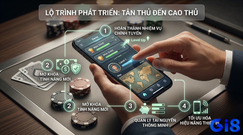 Chiến lược vượt cạn cho tân thủ, lộ trình phát triển game trên điện thoại, hoàn thành nhiệm vụ chính, mở khóa tính năng, quản lý tài nguyên, tối ưu hiệu năng