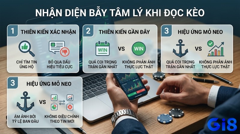 Nhận diện bẫy tâm lý khi đọc kèo, thiên kiến xác nhận (chỉ tìm tin ủng hộ), Thiên kiến gần đây (quá coi trọng trận gần nhất), Hiệu ứng mỏ neo (ám ảnh tỷ lệ ban đầu)