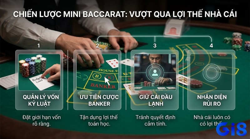 Chiến lược Casino mini baccarat hiệu quả, quản lý vốn kỷ luật với giới hạn, ưu tiên cược Banker, giữ cái đầu lạnh khi chơi, nhận diện rủi ro nhà cái