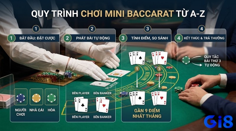 Quy trình chơi Casino mini baccarat 4 bước: đặt cược Player, Banker, Tie; phát bài, rút lá thứ ba tự động; tính điểm gần 9 nhất thắng, trả thưởng