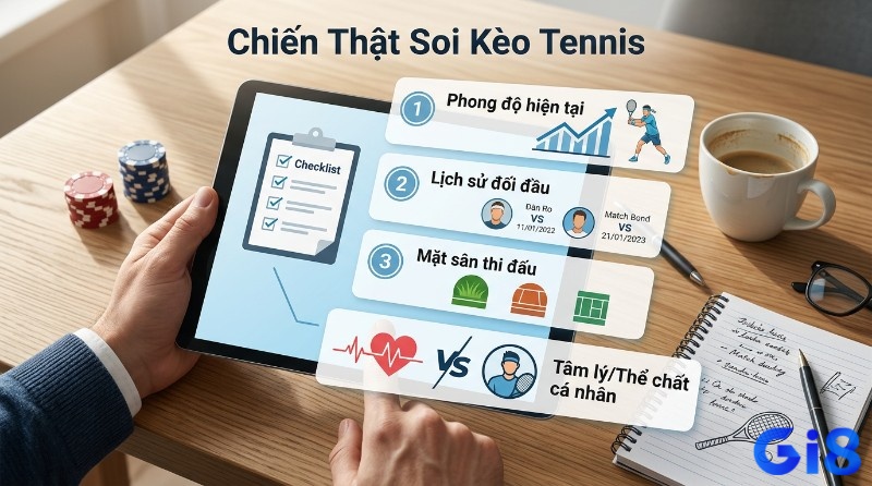 Chiến thuật soi kèo tennis là gì thực chiến với checklist phân tích phong độ, lịch sử đối đầu, mặt sân, tâm lý và thể chất cá nhân trên tablet