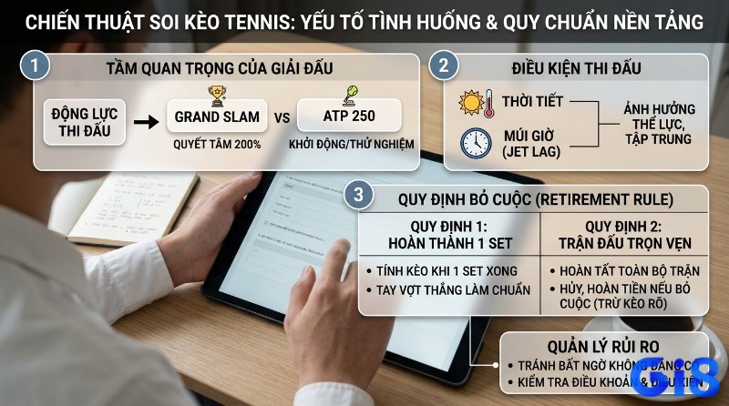Chiến thuật soi, kèo tennis là gì,: phân tích yếu tố (giải đấu, điều kiện) và quy chuẩn nền tảng (quy định bỏ cuộc) để quản lý rủi ro hiệu quả