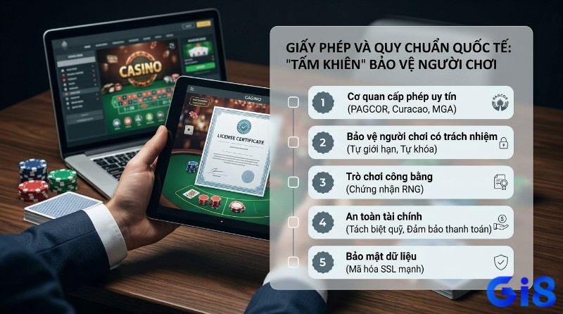 Giấy phép và quy chuẩn quốc tế bảo vệ người chơi sòng bạc là gì online, hiển thị chứng nhận trên máy tính bảng, đảm bảo chơi có trách nhiệm, công bằng, an toàn tài chính, bảo mật dữ liệu
