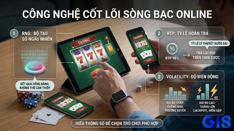 Công nghệ cốt lõi sòng bạc online với RNG tạo số ngẫu nhiên, RTP 96% hoàn trả và Volatility rủi ro thấp/cao, giúp người chơi chọn game phù hợp